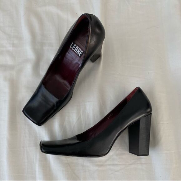 LERRE Black Leather Square Toe Block Heels 35.5 - Picture 1 of 13
